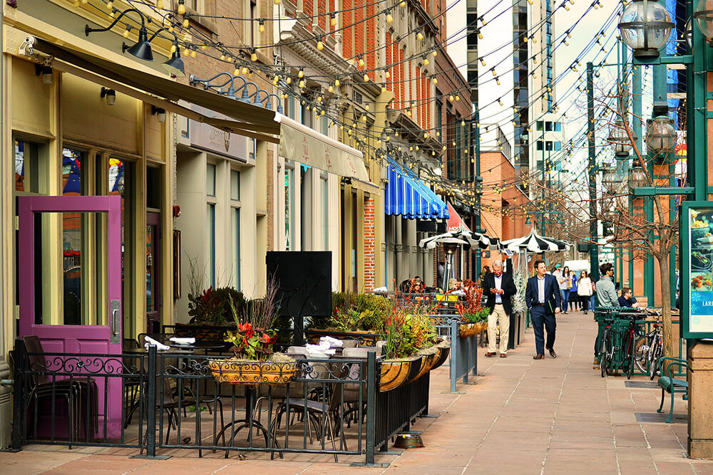 Street of businesses and people on the sidewalk